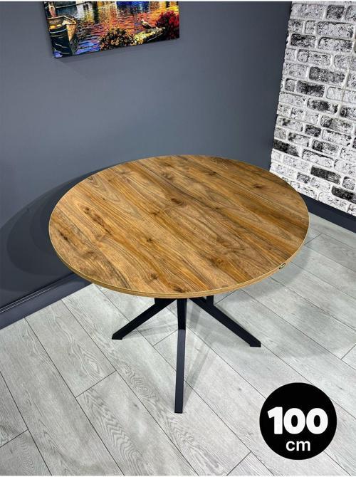 Sedef Ceviz Yuvarlak Mutfak Masası Yemek Masası Balkon Masası Metal Siyah Ayak 100 Cm