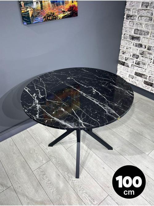 Sedef Siyah Mermer Yuvarlak Mutfak Masası Yemek Masası Balkon Masası Metal Siyah Ayak 100 Cm