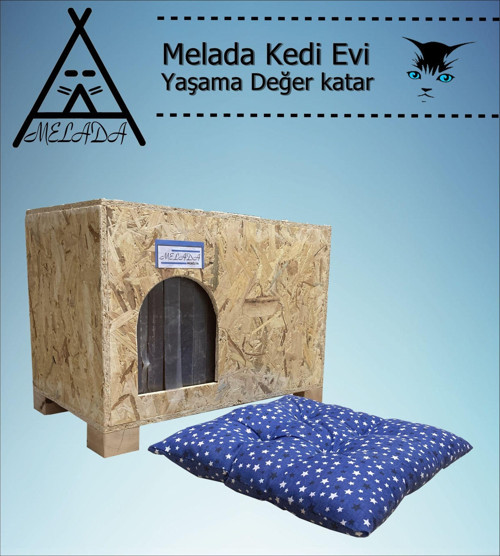 Melada Kedi Evi Dış Ortam Uygun Ahşap Kedi Evi OSB Minderli 61x41x36 cm