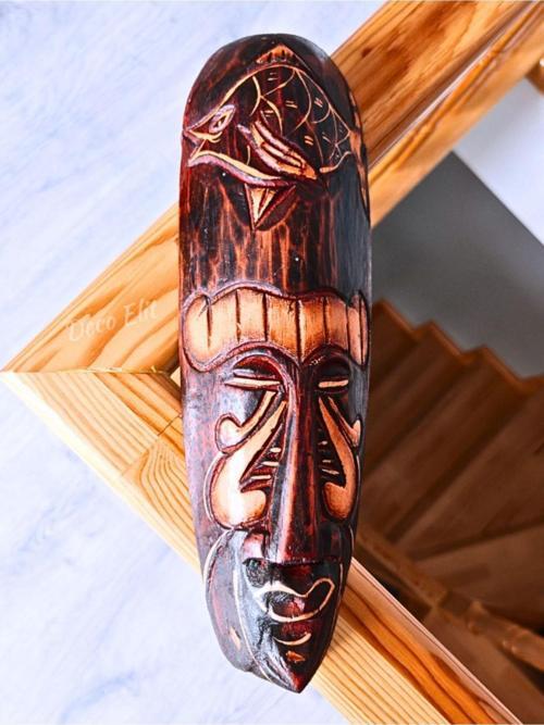 Yerliler Aborjin Balık Surat Tipi Totem Ahşap Oyma Mask Duvar Objesi Mindi Ağacı El Oyması 30 cm