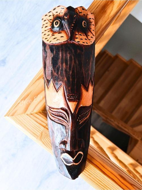 Yerliler Aborjin Baykuş Tipi Surat Totem Ahşap Oyma Mask Duvar Objesi Mindi Ağacı El Oyması 30 cm