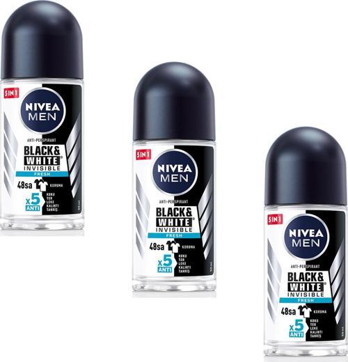 Men Black White Fresh Erkek Deodorant Roll-On 50 ml 3 ADET