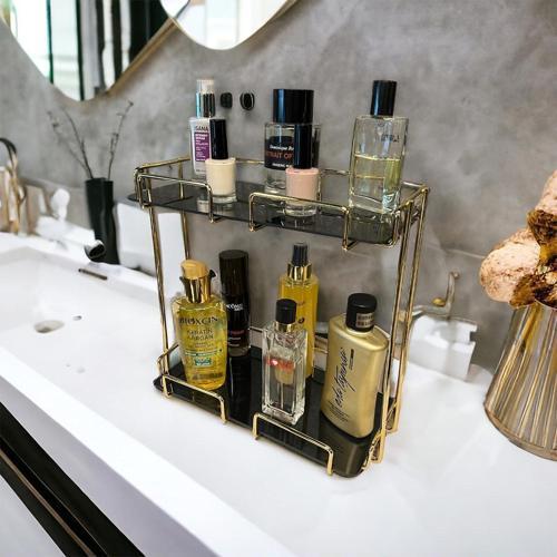 2 Katlı 28x14 Gold Banyo ve Kozmetik Düzenleyici - Çift Katlı Sunum ve Servis Tepsisi