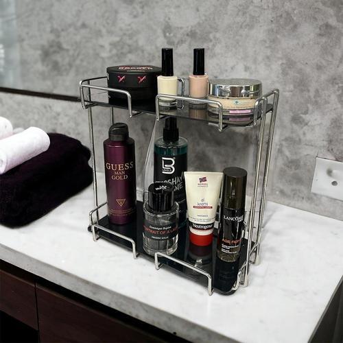 2 Katlı 28x14 Gümüş Banyo ve Kozmetik Düzenleyici - Çift Katlı Sunum ve Servis Tepsisi