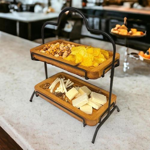 2 Katlı Ahşap Zeminliı 15x27cm Metal Standlı Ahşap Sunum Standı – İkram ve Servis İçin Model 1