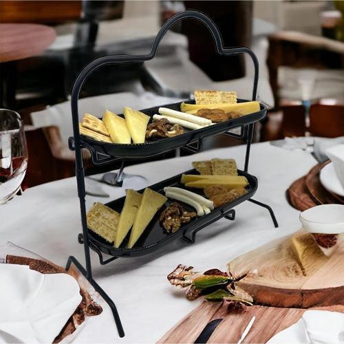 2 Katlı Siyah Melamin 13x32cm Metal Sunum Standı – İkram ve Servis İçin Model 1 Siyah