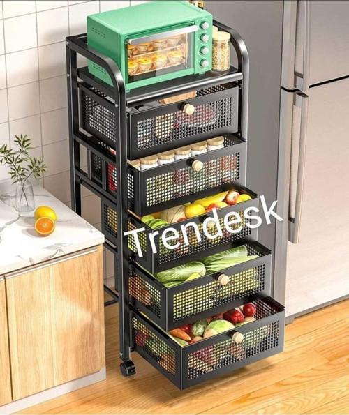 5 Katlı Metal Siyah Çekmeceli Sebze Meyve Sepeti Mutfak Organizer Düzenleyici