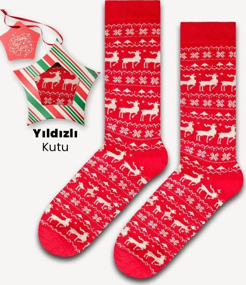 Noel Kırmızı Geyik Yıldızlı Kutu Renkli Çorap