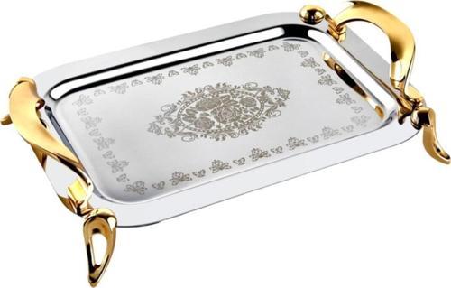 Ecrin Lazer Dekorlu Gold Ayaklı Büyük Boy Çelik Tepsi