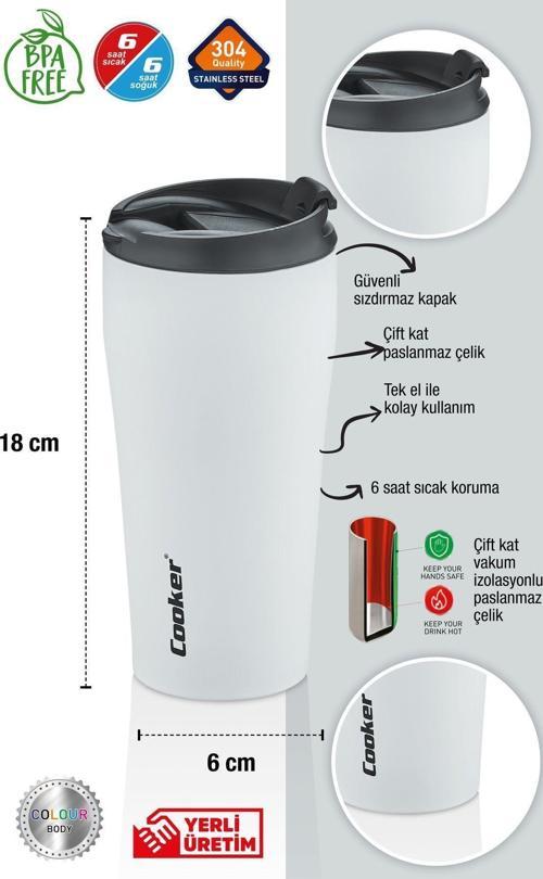 0,40 Ml Çift Kat Paslanmaz Çelik Termos ( Çay Kahve Piknik Kamp Outdoor Ofis Otel Kafe Okul )-Beyaz
