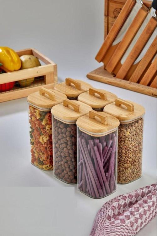 Borosilikat Kare Cam Kavanoz 3 Adet -Bambu Vakumlu Kapak Ckr2966