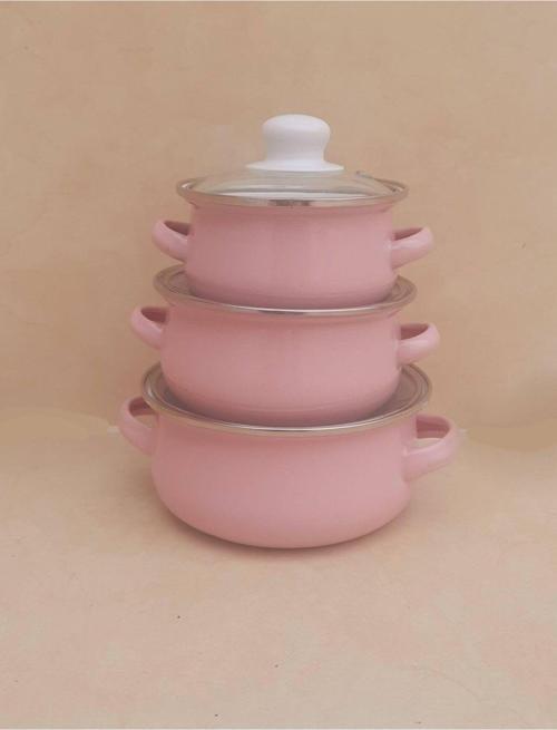 Emaye Mini 3'Lü Tencere Seti 12/14/16 Cm Pembe