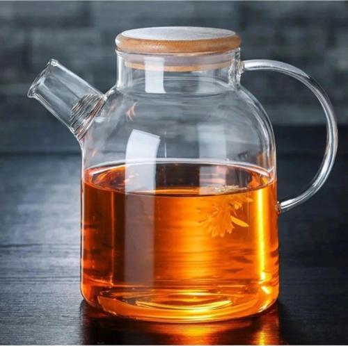 1500 Ml Bambu Kapaklı Isıya Dayanıklı Cam Bitki Çayı Demliği Cam Sürahi