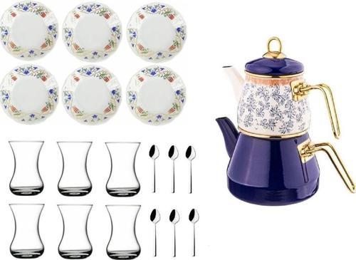 İris 21 Parça Emaye Çaydanlık Ve Lalenaz Çay Bardağı Takımı Seti