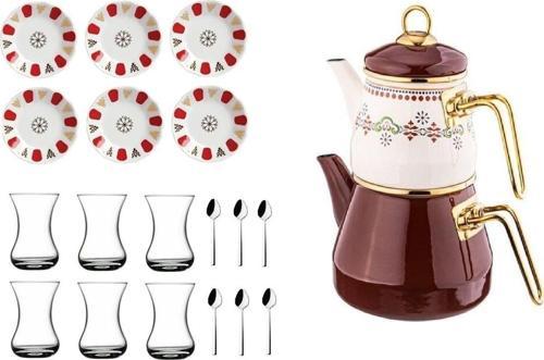 Lidia 21 Parça Emaye Çaydanlık Ve Otantik Acem Çay Bardağı Takımı Seti