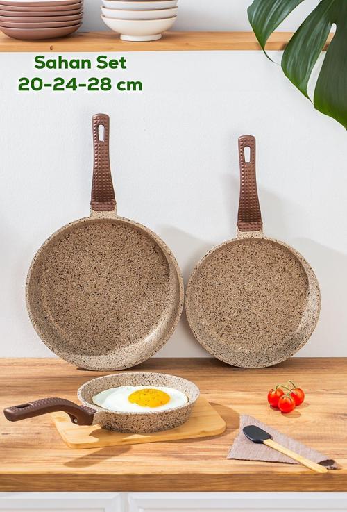 3737 Döküm Granit 3 Parça Tava Seti Kum Beji (20-24-28 Cm)