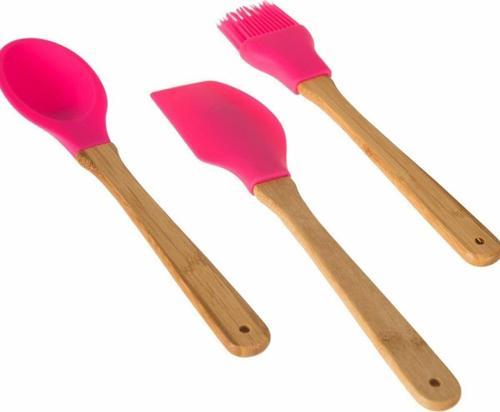3'Lü Bambu Saplı Silikon Kaşık -Spatula-Fırça Mutfak Seti