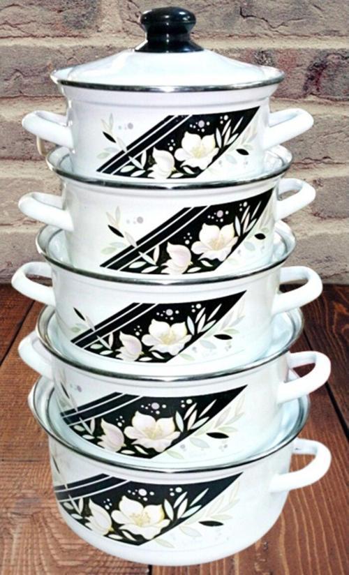 Emaye Dekorlu 5Li Kapaklı Emaye Tencere Seti 16-18-20-22-24 Cm