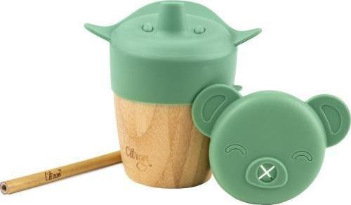 2'si 1 Arada Kapaklı ve Pipetli Organik Bambu Alıştırma Bardağı - Green 1073629