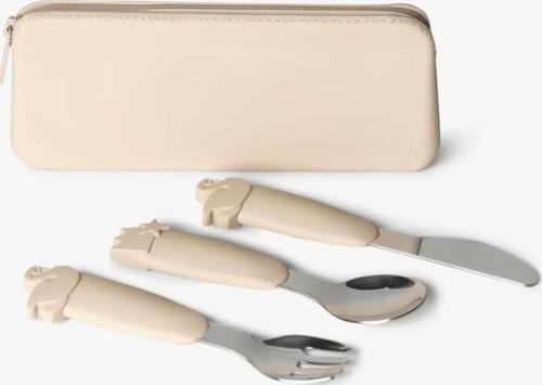 Çantalı Silikon Saplı Paslanmaz Çelik Çatal Bıçak ve Kaşık Takımı - Beige 1286395