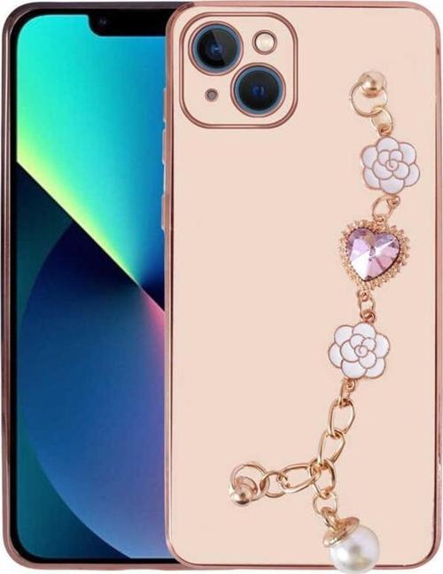 Apple iPhone 14 Plus Kılıf Kalpli Çiçekli Bileklik Zincirli Kamera Korumalı Kenarları Gold Renk, Silikon