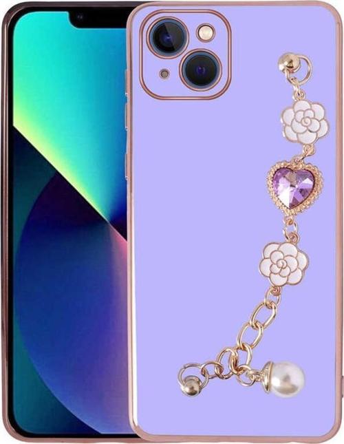 Apple iPhone 14 Plus Kılıf Kalpli Çiçekli Bileklik Zincirli Kamera Korumalı Kenarları Gold Renk, Silikon