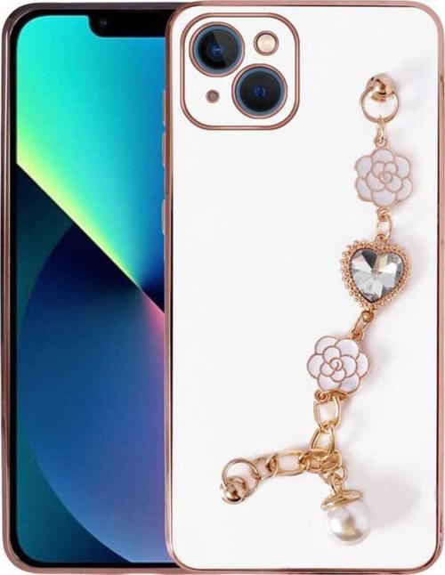 Apple iPhone 14 Plus Kılıf Kalpli Çiçekli Bileklik Zincirli Kamera Korumalı Kenarları Gold Renk, Silikon