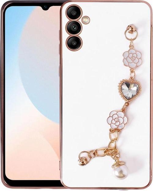 Galaxy A34 Kılıf Kalpli Çiçekli Bileklik Zincirli Kamera Korumalı Kenarları Gold Renk, Silikon