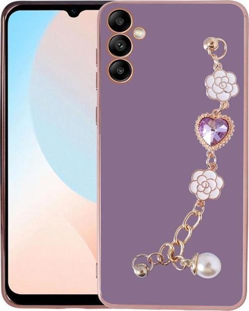 Galaxy A34 Kılıf Kalpli Çiçekli Bileklik Zincirli Kamera Korumalı Kenarları Gold Renk, Silikon