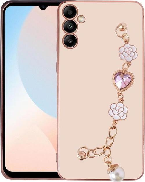 Galaxy A34 Kılıf Kalpli Çiçekli Bileklik Zincirli Kamera Korumalı Kenarları Gold Renk, Silikon