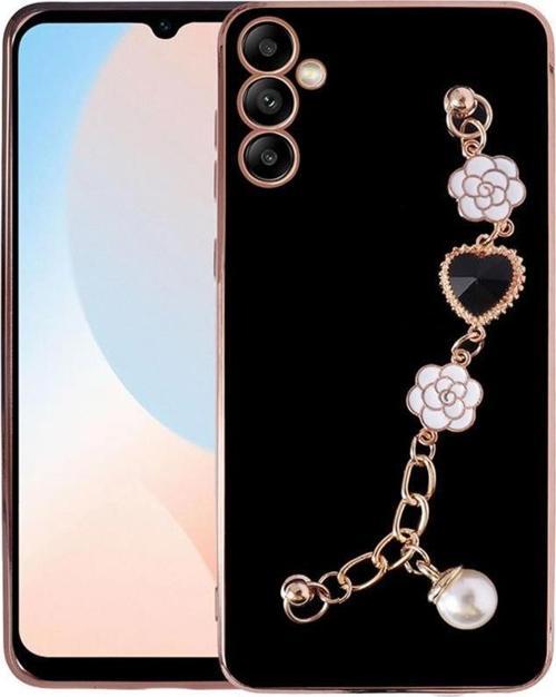 Galaxy A34 Kılıf Kalpli Çiçekli Bileklik Zincirli Kamera Korumalı Kenarları Gold Renk, Silikon