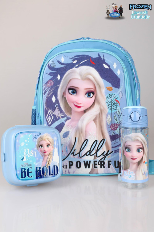 DEKOMUS LİSANSLI "MAVİ KARLAR ÜLKESİ ELSA FROZEN KOLEKSİYONU "OKUL ÇANTASI,BESLENME KABI VE 500 ML TRITAN MATARA OKUL/KI