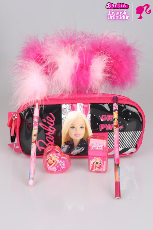 DEKOMUS LİSANSLI BARBIE GIRL POWER KOLEKSİYONU KALEM ÇANTASI,TÜYLÜ GEÇMELİ KALEM,KALPLİ Kalemtıraş,SÜPÜRGE SİLGİ VE KURŞU