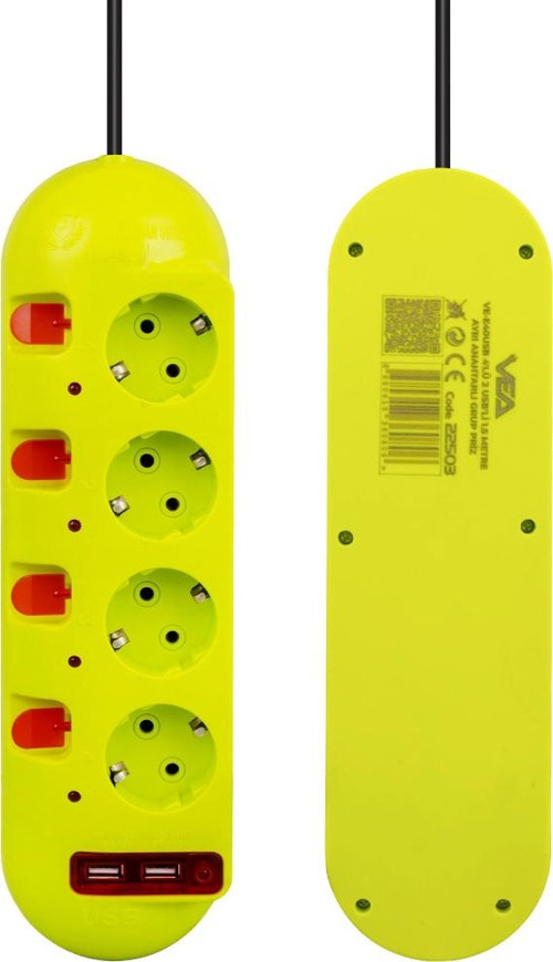 VE-E40USB 4 lü 2 USB'li 1.5 Metre Ayrı Anahtarlı Grup Priz Uzatma Kablosu 3860 Watt 16 Amper