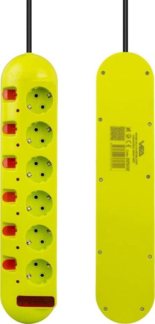 VE-E60 6 Lı 1.5 Metre Ayrı Anahtarlı Grup Priz Uzatma Kablosu 3860 Watt 16 Amper Isıya Dayanıklı