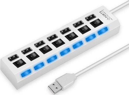 7 Portlu 2.0 USB Hub Çoklu USB Çoklayıcı Splitter Power Tuşlu Adaptör Beyaz