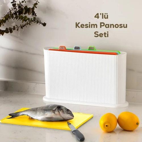 1074-1 Beyaz-Beyaz Standlı Çoklu Kesme Tahtası Seti-Kırmızı Et Balık Sebze Beyaz Et-Canlı Re