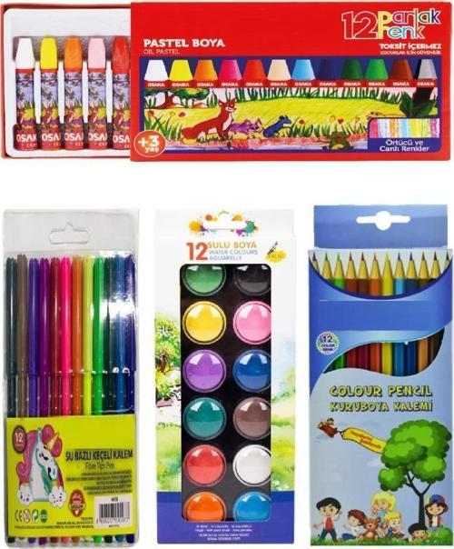 Eko Kırtasiye Seti 4 Parça (12 Renk Kuru Boya + Sulu Boya + Pastel Boya+ Keçeli Kalem)