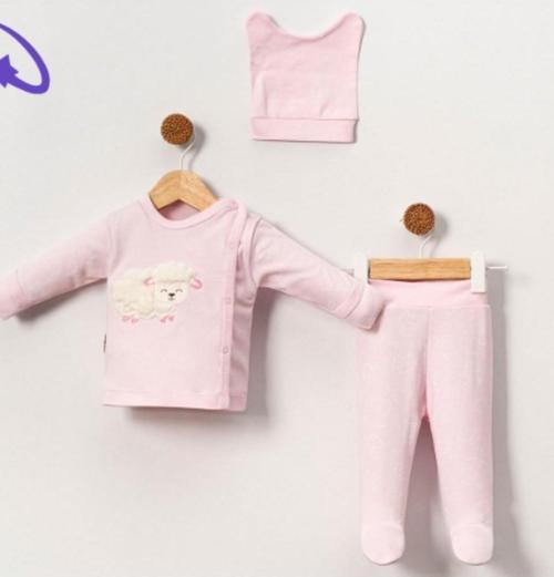 BABY CAN kuzu Nakışlı Unisex Üçlü Zıbın Set - Pembe