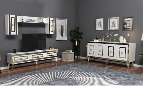 Karya 180 Cm Tv Ünitesi Ve Konsol 2'Li Salon Takımı Beyaz-Altın