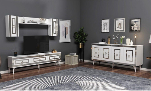 Karya 180 Cm Tv Ünitesi Ve Konsol 2'Li Salon Takımı Beyaz-Gümüş