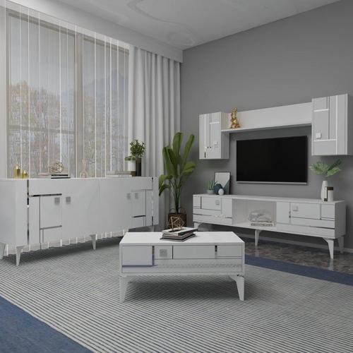 Madera Tv Üni̇Tesi̇,Konsol Ve Orta Sehpa 3'Lü Salon Takimi Beyaz-Gümüş