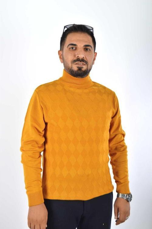 Balıkçık Yaka Baklava Desenli Jakarlı Triko Kazak Hardal XL