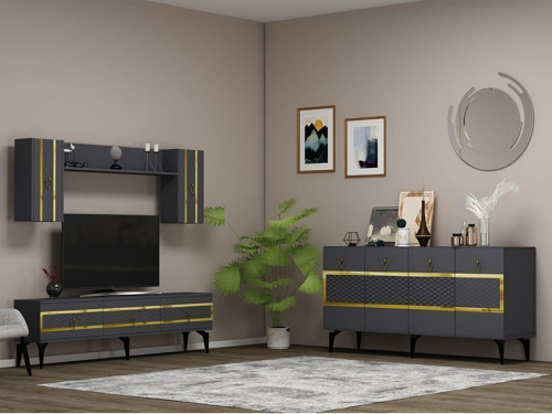 İpek 180 Cm Tv Ünitesi Ve Konsol 2'Li Salon Takımı Antrasit-Altın