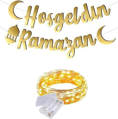 Gold Hoş Geldin Ramazan Banner + Peri Led - Kaligrafi Banner - Bayram Banner - Kaligrafi Ramazan