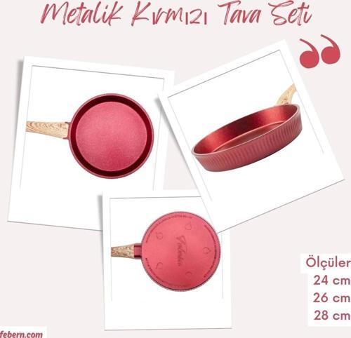 Premium Bio Granit Alüminyum Döküm Nisch Tava Seti (Metalik Kırmızı-Açık Ahşap Kulp)