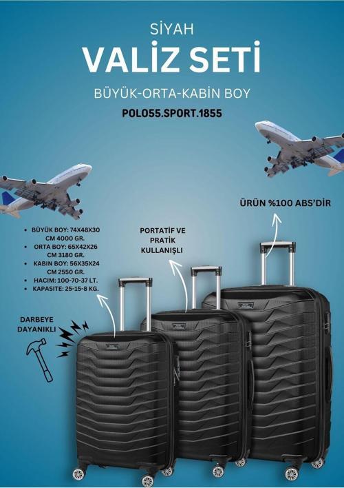 .Sport.1855 %100 Abs 3'Lü Siyah Valiz Seti (Kabin - Orta - Büyük Boy)