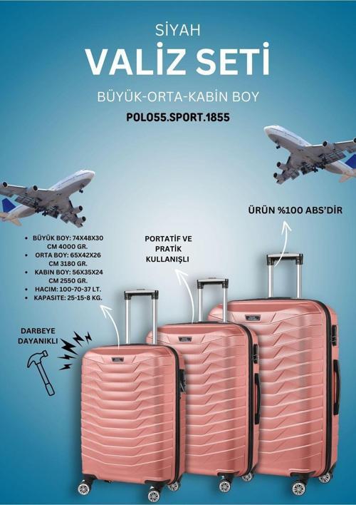 %100 Abs 3'Lü Pembe Valiz Seti (Kabin - Orta - Büyük Boy)