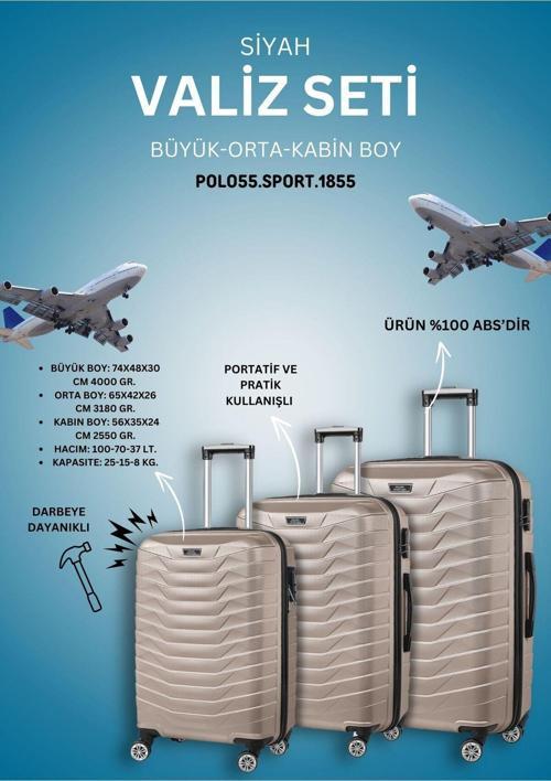 %100 Abs 3'Lü Gold Valiz Seti (Kabin - Orta - Büyük Boy)
