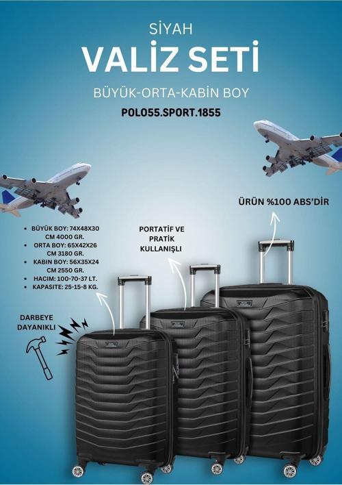 Sport.1855 %100 Abs Siyah 3'Lü Valiz Seti (Kabin - Orta - Büyük Boy)